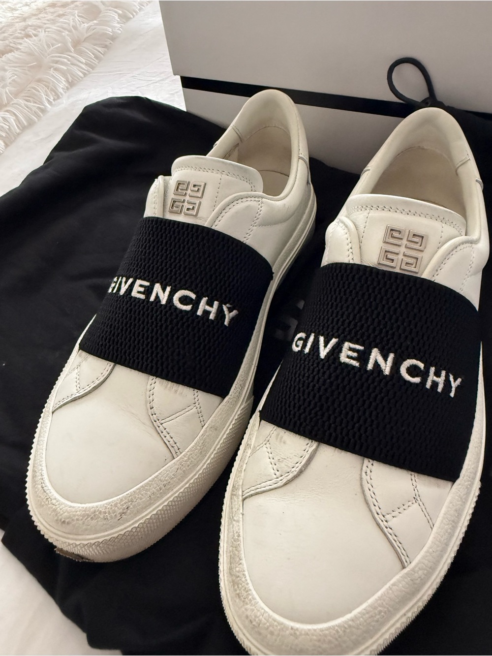 Givenchy White Leather Slip-On Sneakers with Black Branded Strap